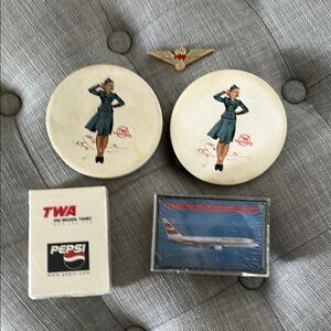 TWA bundle- vintage flight attendant coasters, playing cards and wings